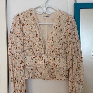 Reformation Cream Floral V-Neck Blouse